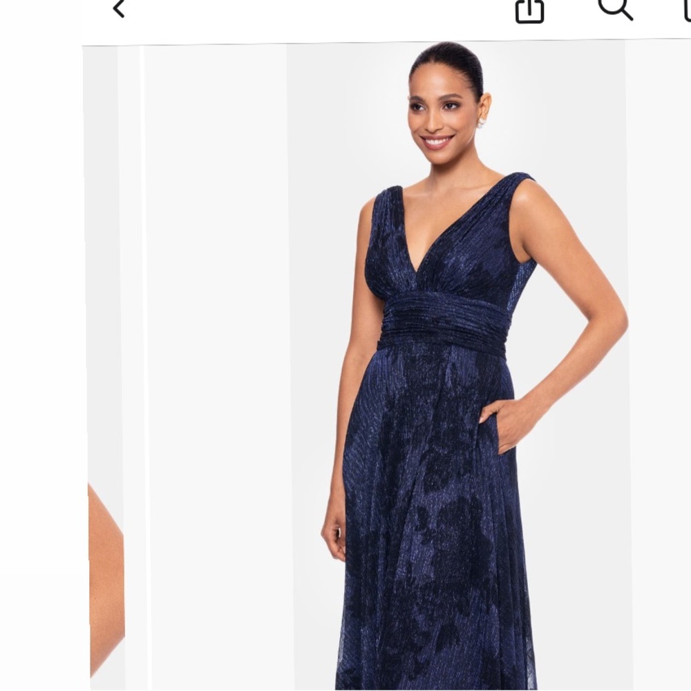 Betsy & Adam Blue V-Neck Maxi Gown